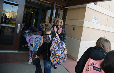  Principal greets students at Ridgeview Elementary.