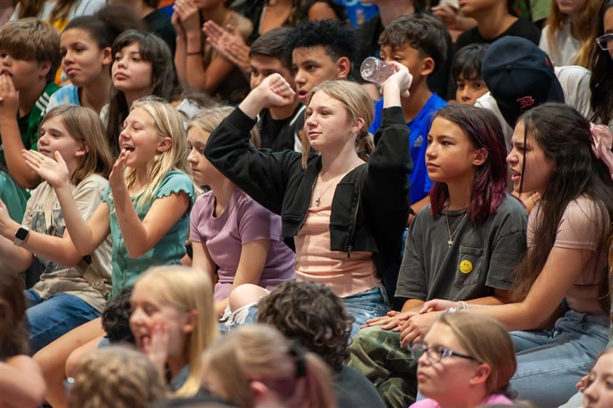 students cheer during an assembly at Skyview Middle School 