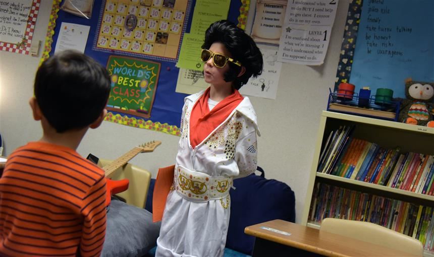  Cohen Whiteland, 10, fourth-grader, participates as Elvis in the wax museum event May 15 at SES.