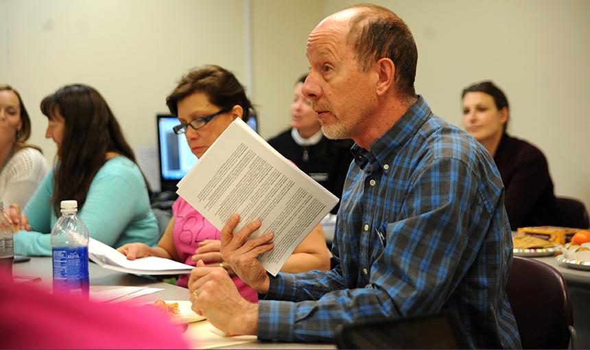  Peter Falldorf, PPCC Anatomy and Physiology Professor, meets with D49 educators. 